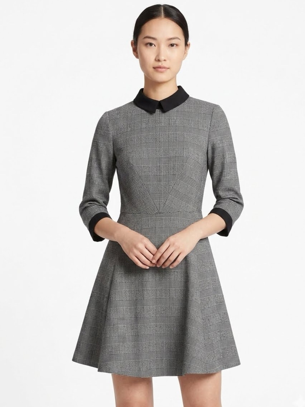 Ted Baker Wool Grey Plaid Fit-and-Flare Dress with Black Trim